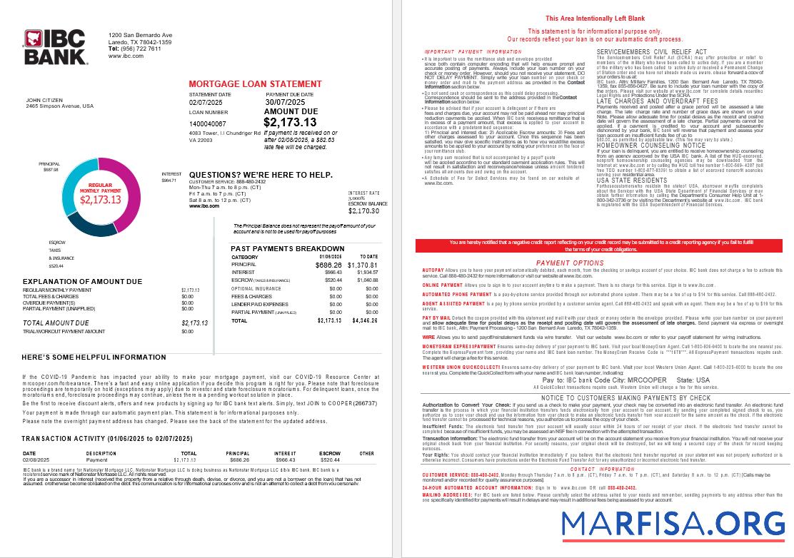 Realistic USA Texas IBC bank mortgage loan statement in Word and PDF formats , 4 pages 1 2 template